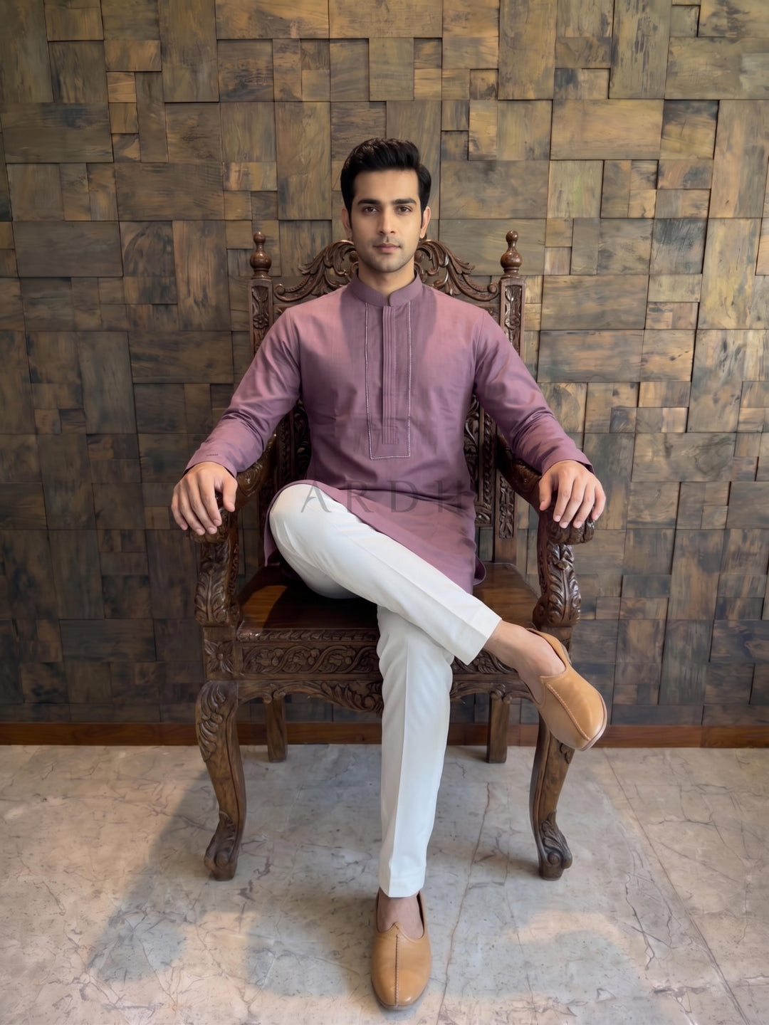 Wine Cotton Kurta with Concealed Pintuck Placket