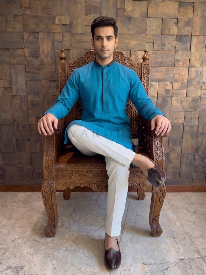 Teal Blue Cotton Kurta with Contrast Collar &amp; Concealed Placket