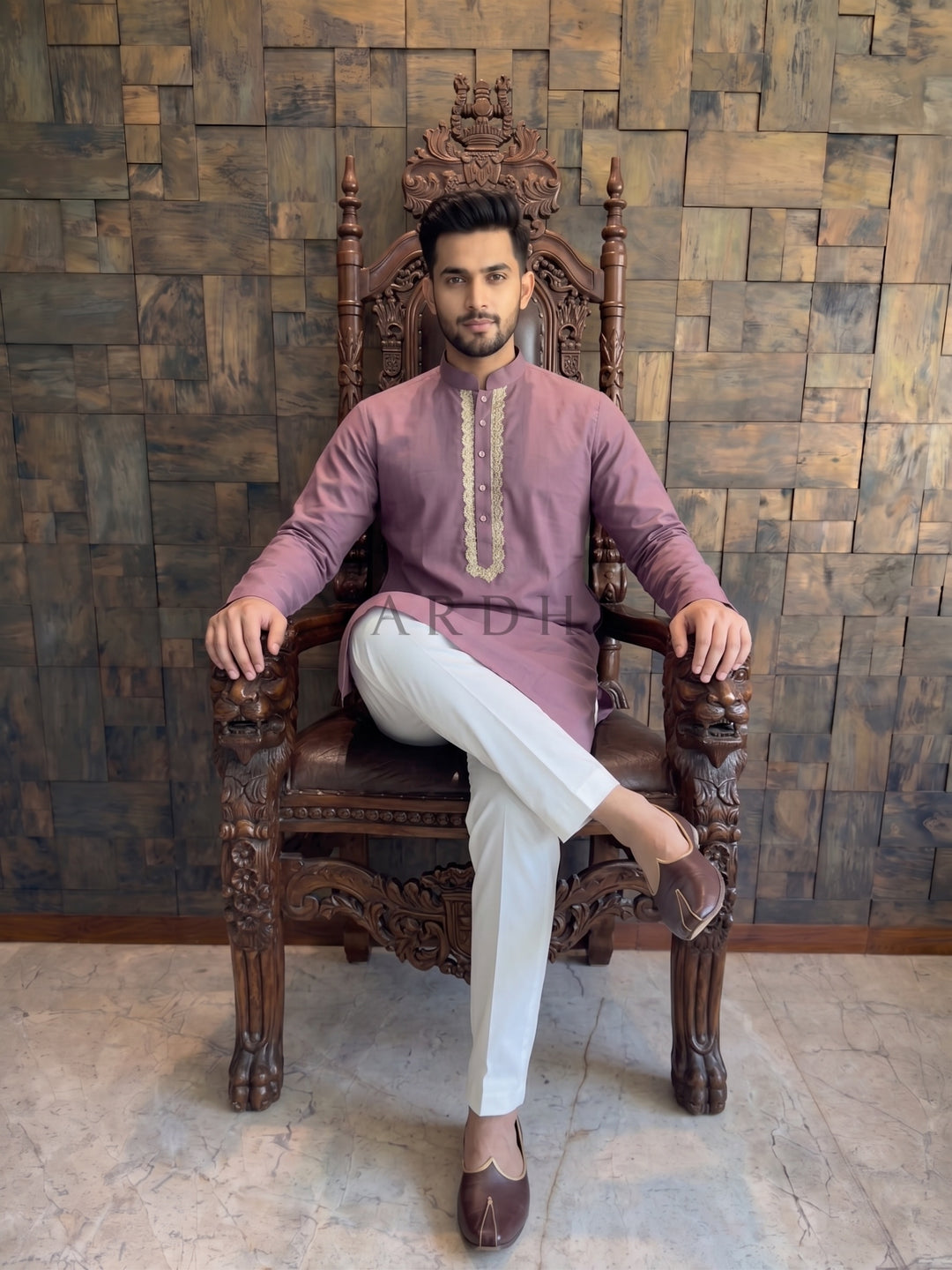 Dusty Wine Cotton Kurta with Scalloped Gold Zari Placket