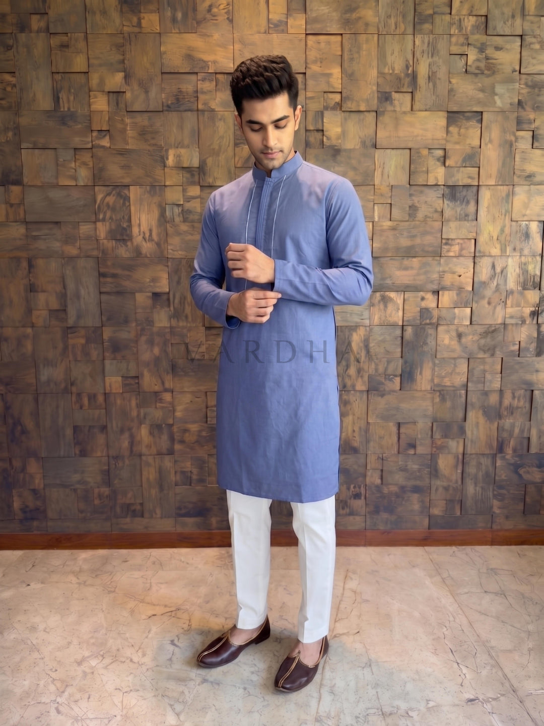 French Blue Cotton Kurta with Concealed Pintuck Placket