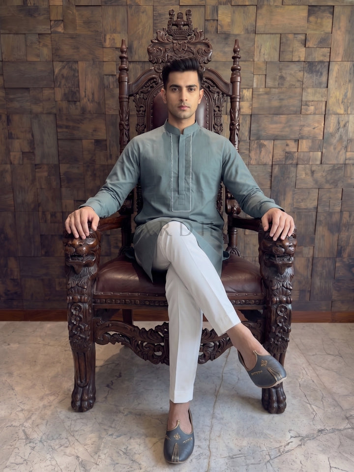 Slate Green Cotton Kurta with Concealed Pintuck Placket