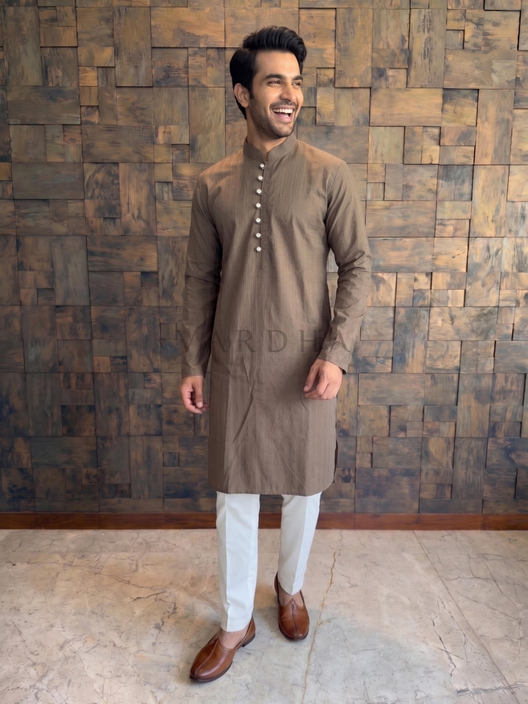 Mocha Brown Textured Cotton Kurta with Metallic Loop Placket
