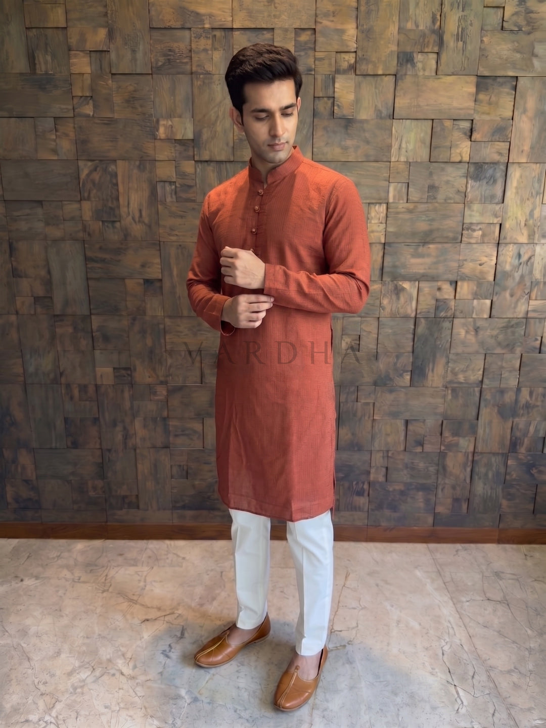 Terracotta Orange Textured Cotton Kurta with Rustic Loop Placket