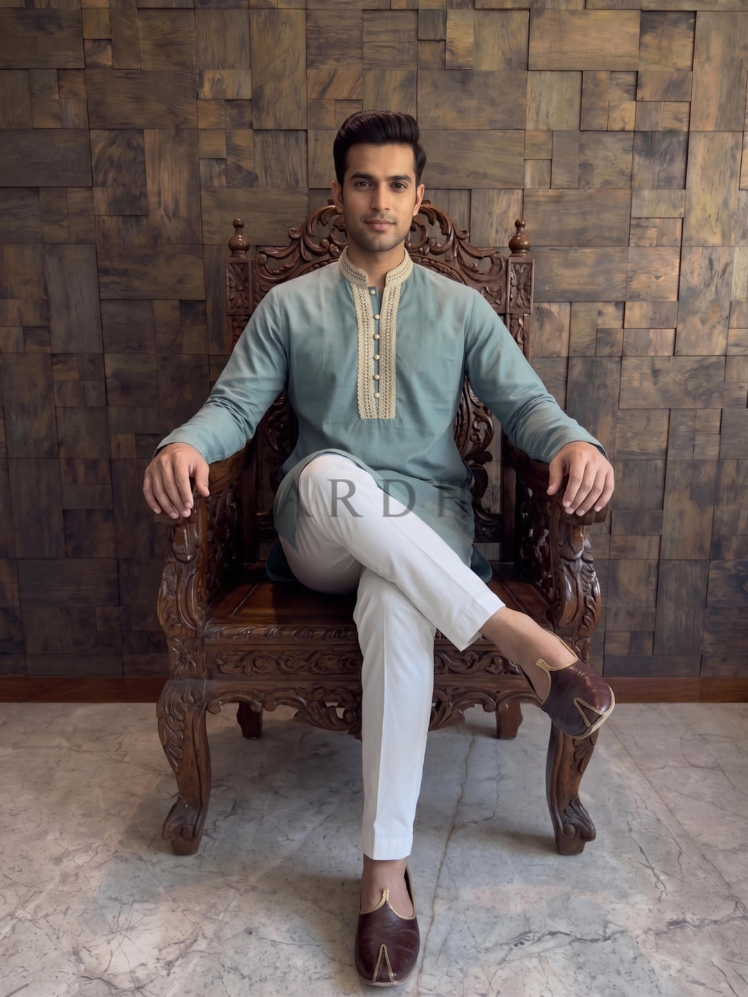 Teal Blue Cotton Kurta with Gold Embroidered V-Neck Placket