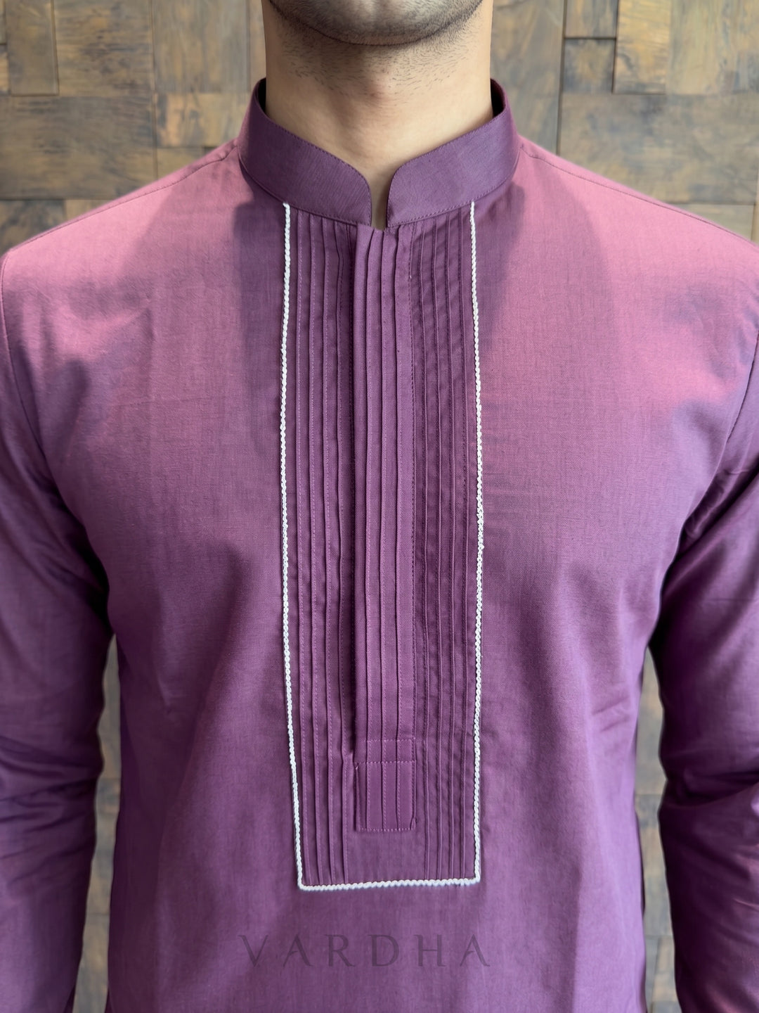 Wine Cotton Kurta with Concealed Pintuck Placket