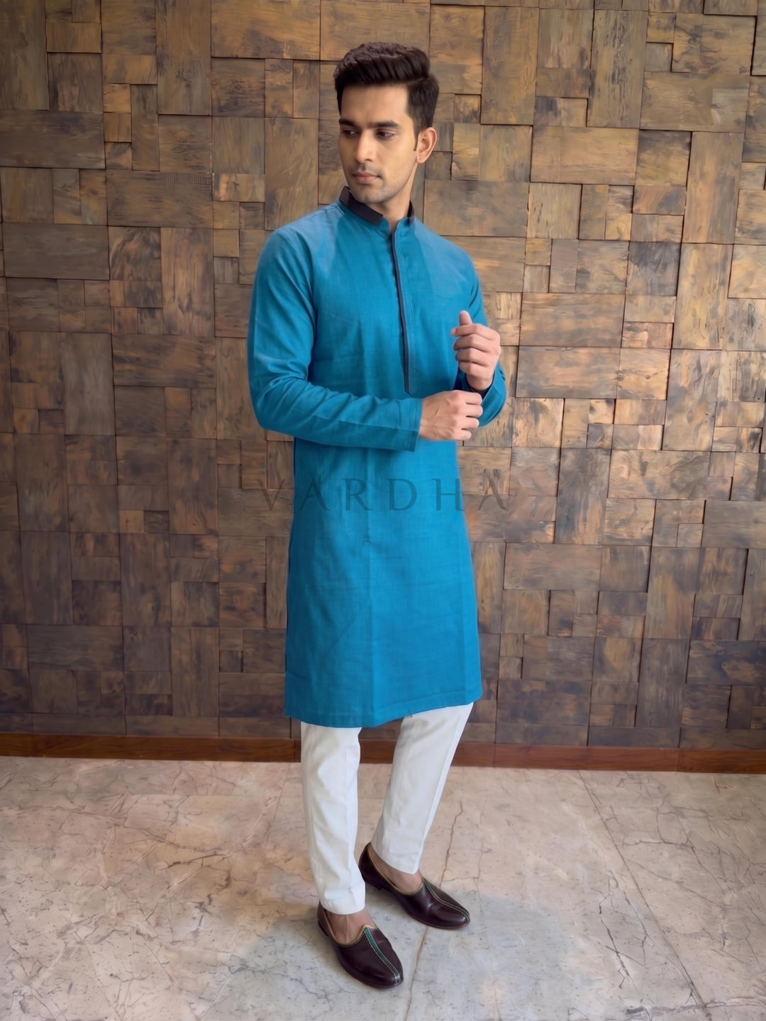 Teal Blue Cotton Kurta with Contrast Collar &amp; Concealed Placket