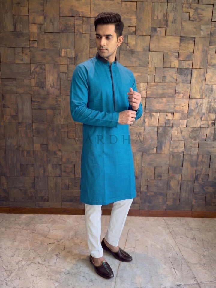 Teal Blue Cotton Kurta with Contrast Collar &amp; Concealed Placket