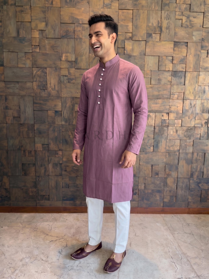 Dusty Mauve Pink Textured Cotton Kurta with Metallic Loop Placket