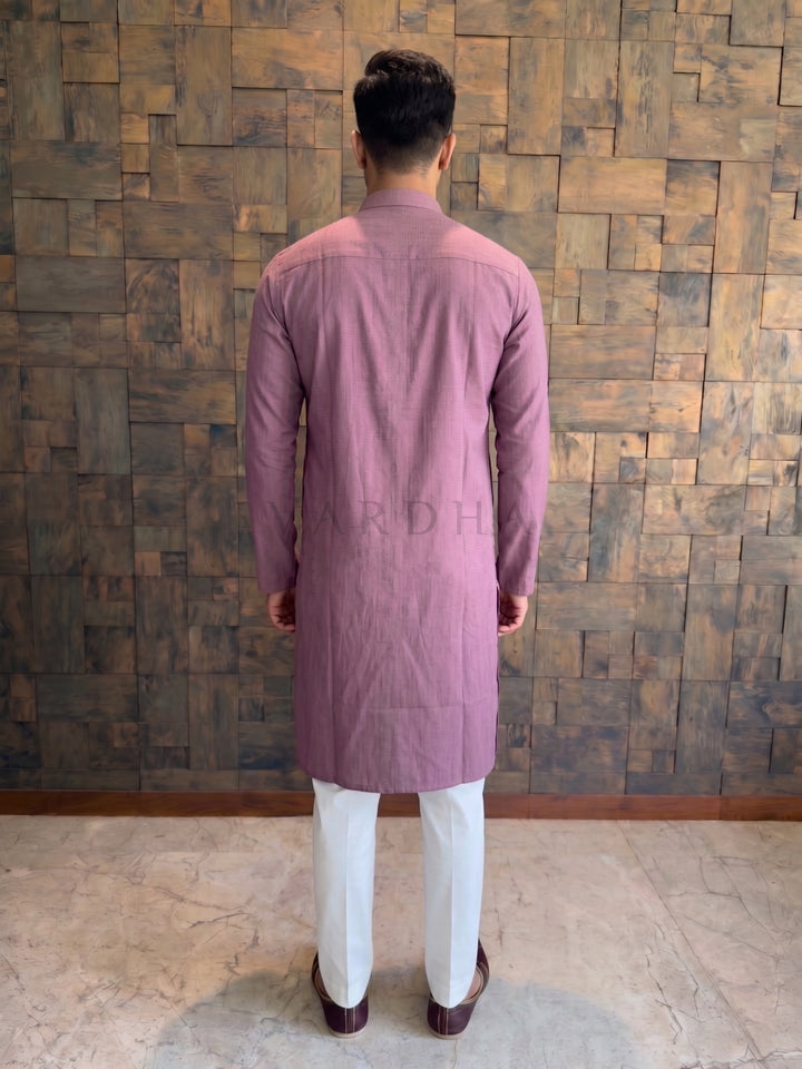 Dusty Mauve Pink Textured Cotton Kurta with Metallic Loop Placket
