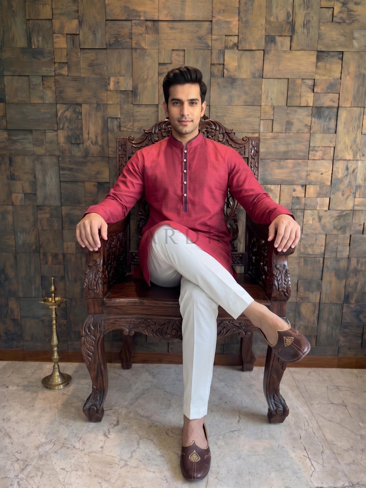 Crimson Red Cotton Kurta with Black Contrast Collar &amp; Placket