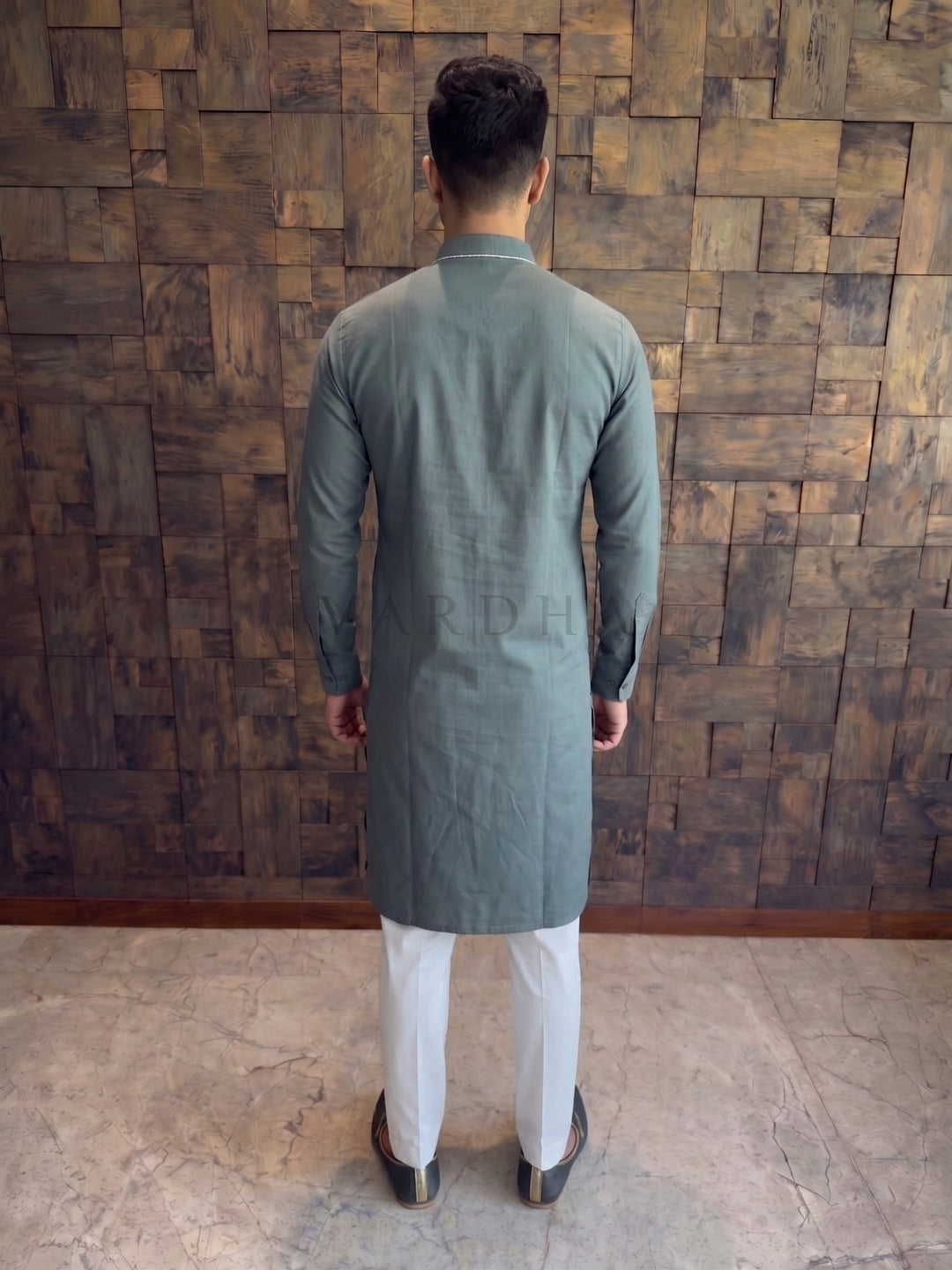 Slate Green Cotton Kurta with Concealed Pintuck Placket
