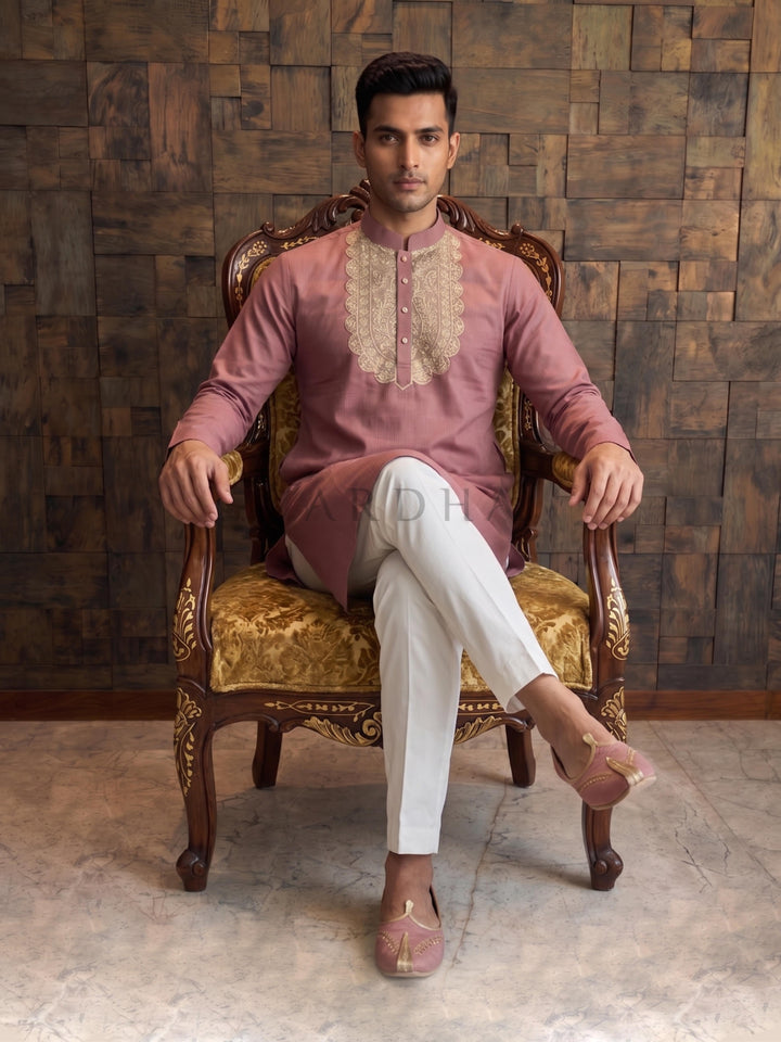 Mauve Pink Cotton Kurta with Heavy Scalloped Gold Zari Yoke