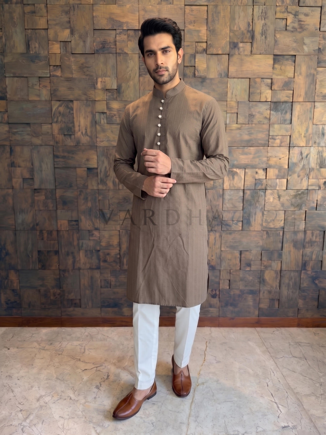 Mocha Brown Textured Cotton Kurta with Metallic Loop Placket