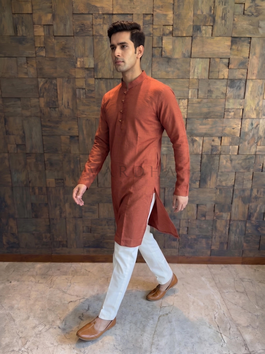 Terracotta Orange Textured Cotton Kurta with Rustic Loop Placket