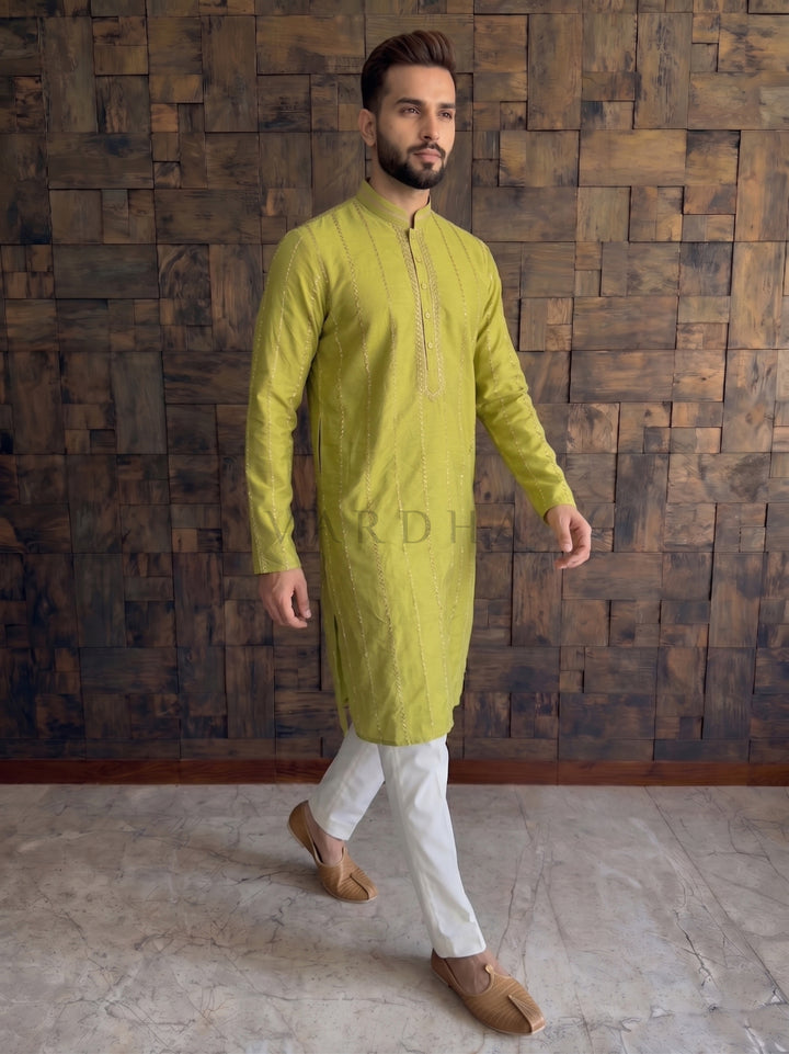 Lime Green Viscose Kurta with Metallic Chevron Stripes