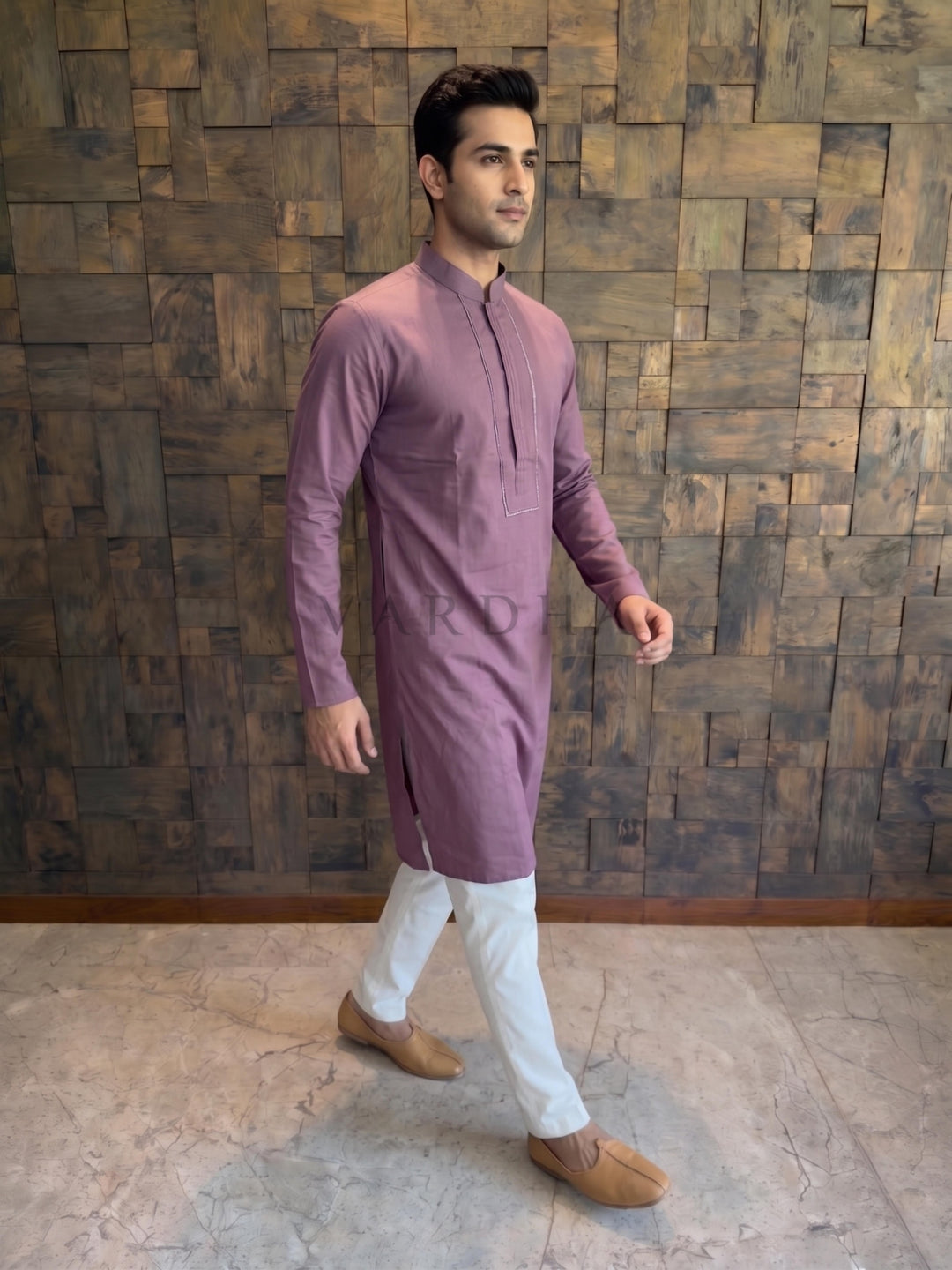 Wine Cotton Kurta with Concealed Pintuck Placket
