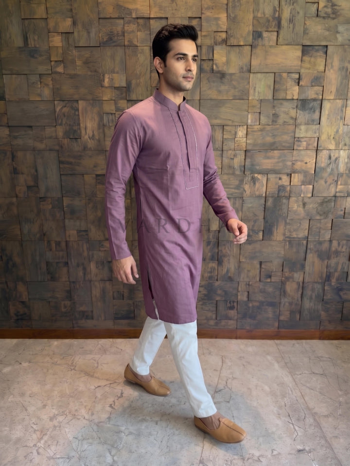 Wine Cotton Kurta with Concealed Pintuck Placket
