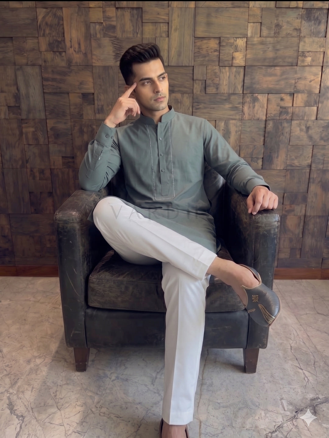 Slate Green Cotton Kurta with Concealed Pintuck Placket