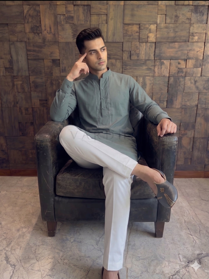 Slate Green Cotton Kurta with Concealed Pintuck Placket