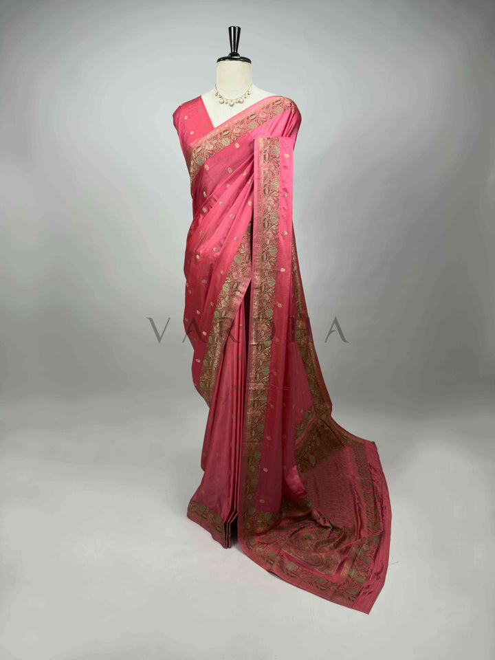 Neon Fuchsia Traditional Jamawar Satin Saree for Weddings &amp; Celebrations
