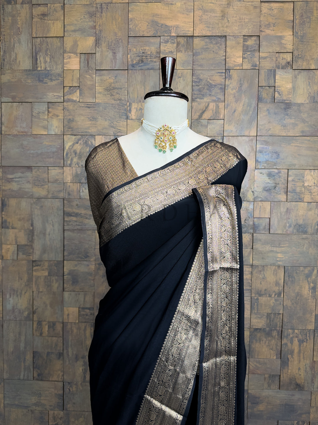 Black Georgette Feather Soft Saree with Gold Zari Work