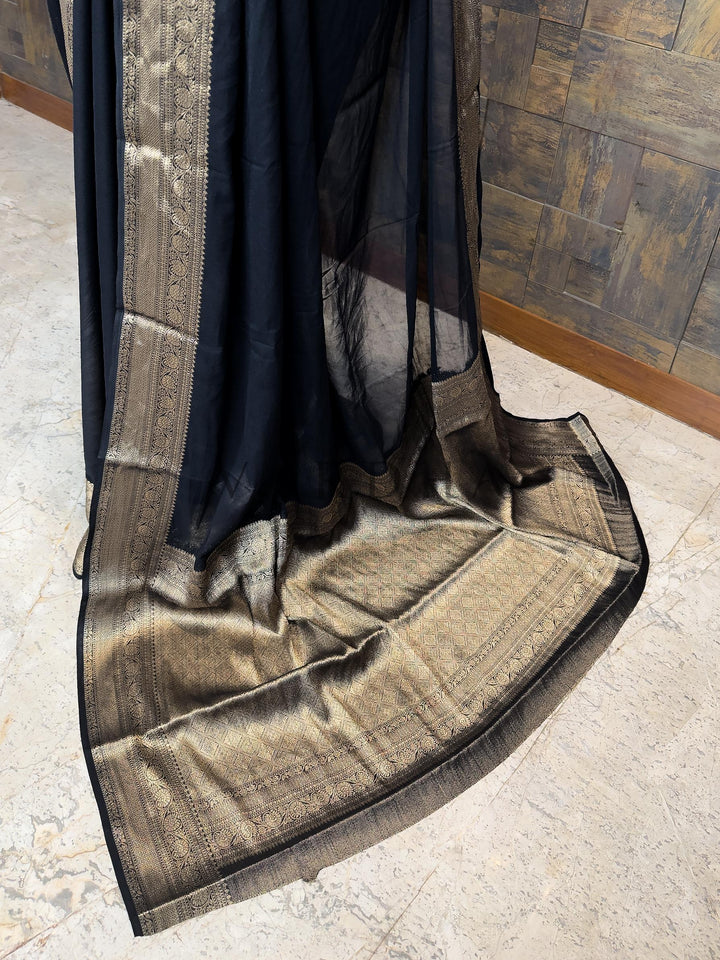 Black Georgette Feather Soft Saree with Gold Zari Work
