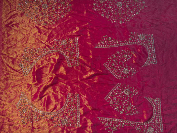 Pink Kanjivaram Handwork Saree with Gold Zari Jaal &amp; Scalloped Zircon Border