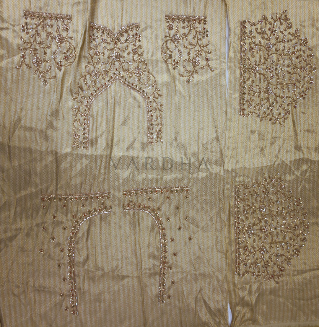 Cream Viscose Handwork Saree with Woven Chevron &amp; Pearl Embroidery