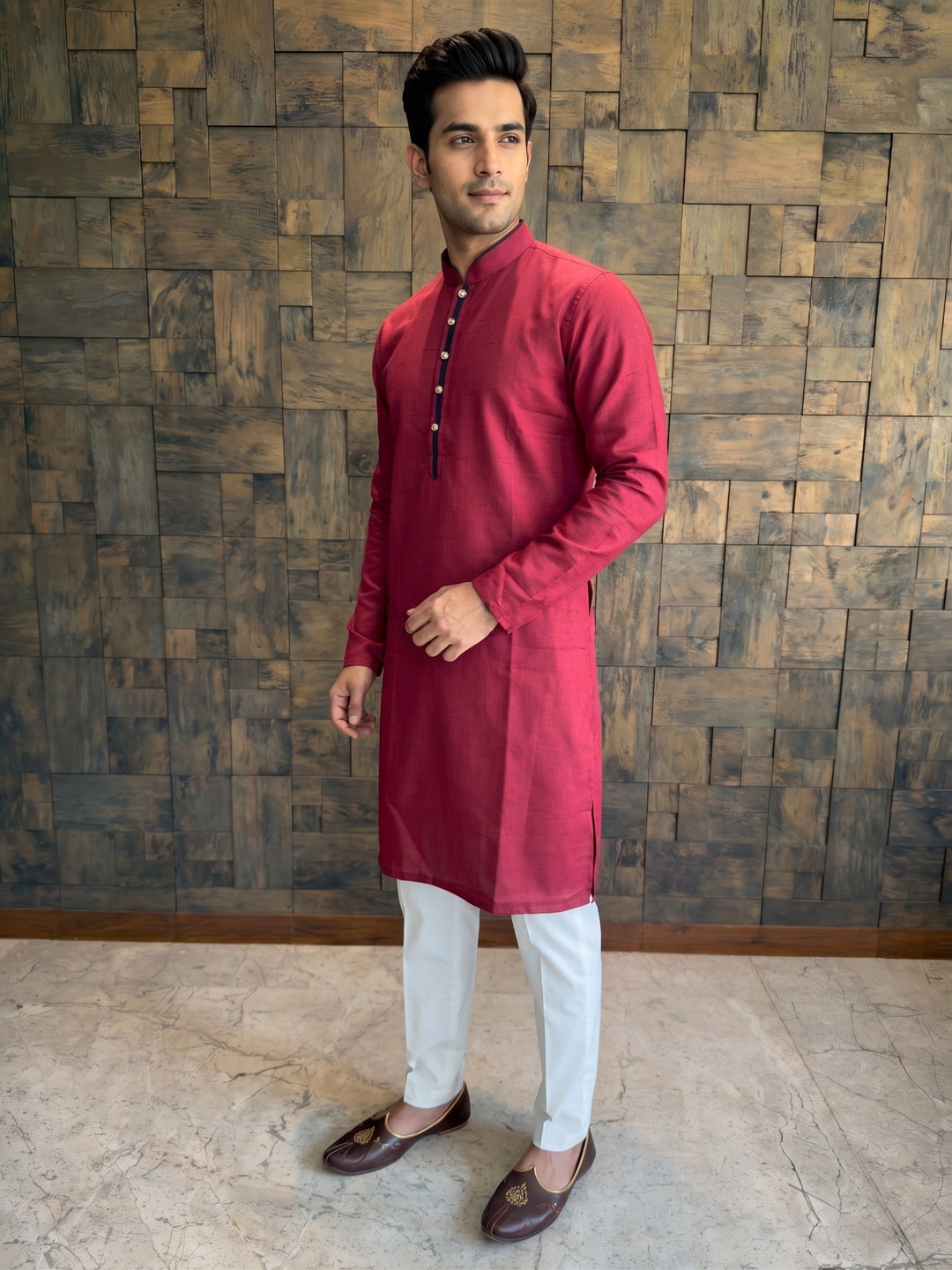 Crimson Red Cotton Kurta with Black Contrast Collar &amp; Placket