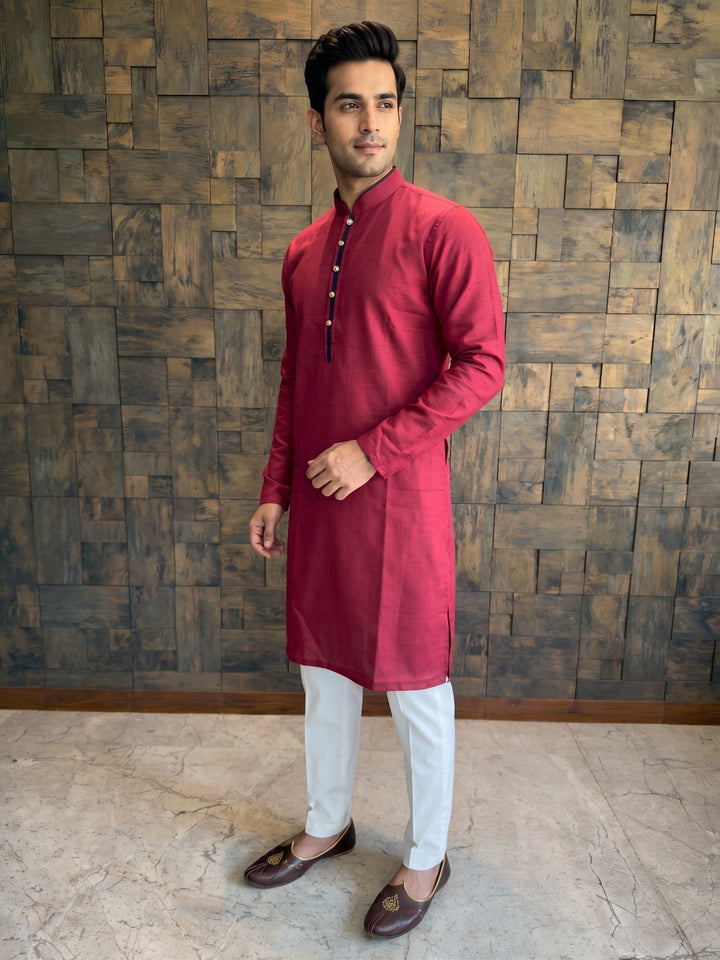 Crimson Red Cotton Kurta with Black Contrast Collar &amp; Placket