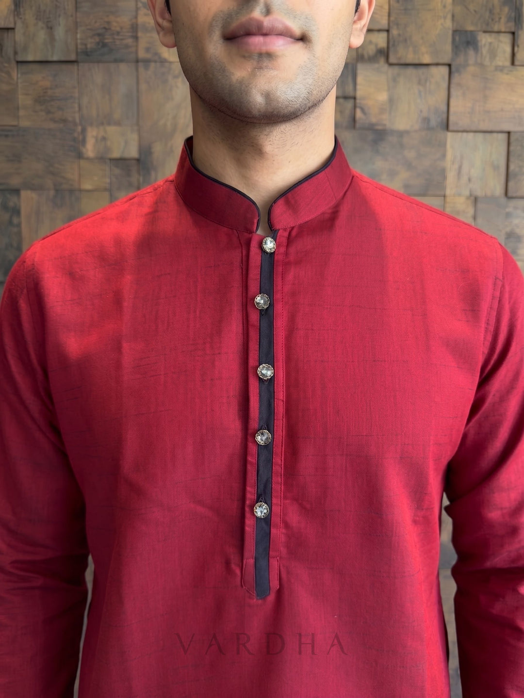 Crimson Red Cotton Kurta with Black Contrast Collar &amp; Placket