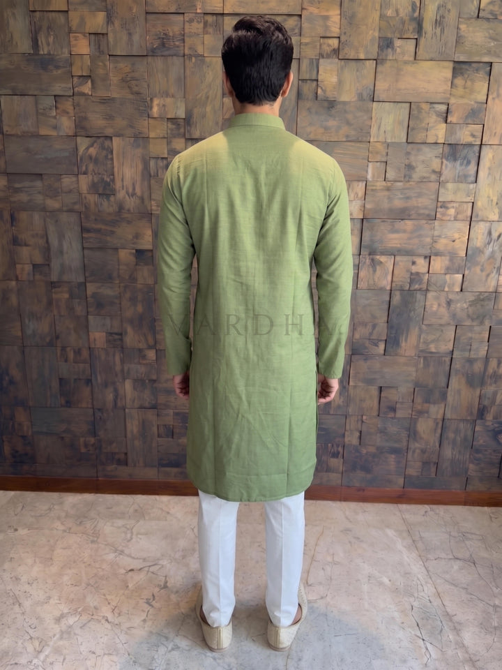 Olive Green Cotton Kurta with Intricate Zari &amp; Sequin Yoke Embroidery