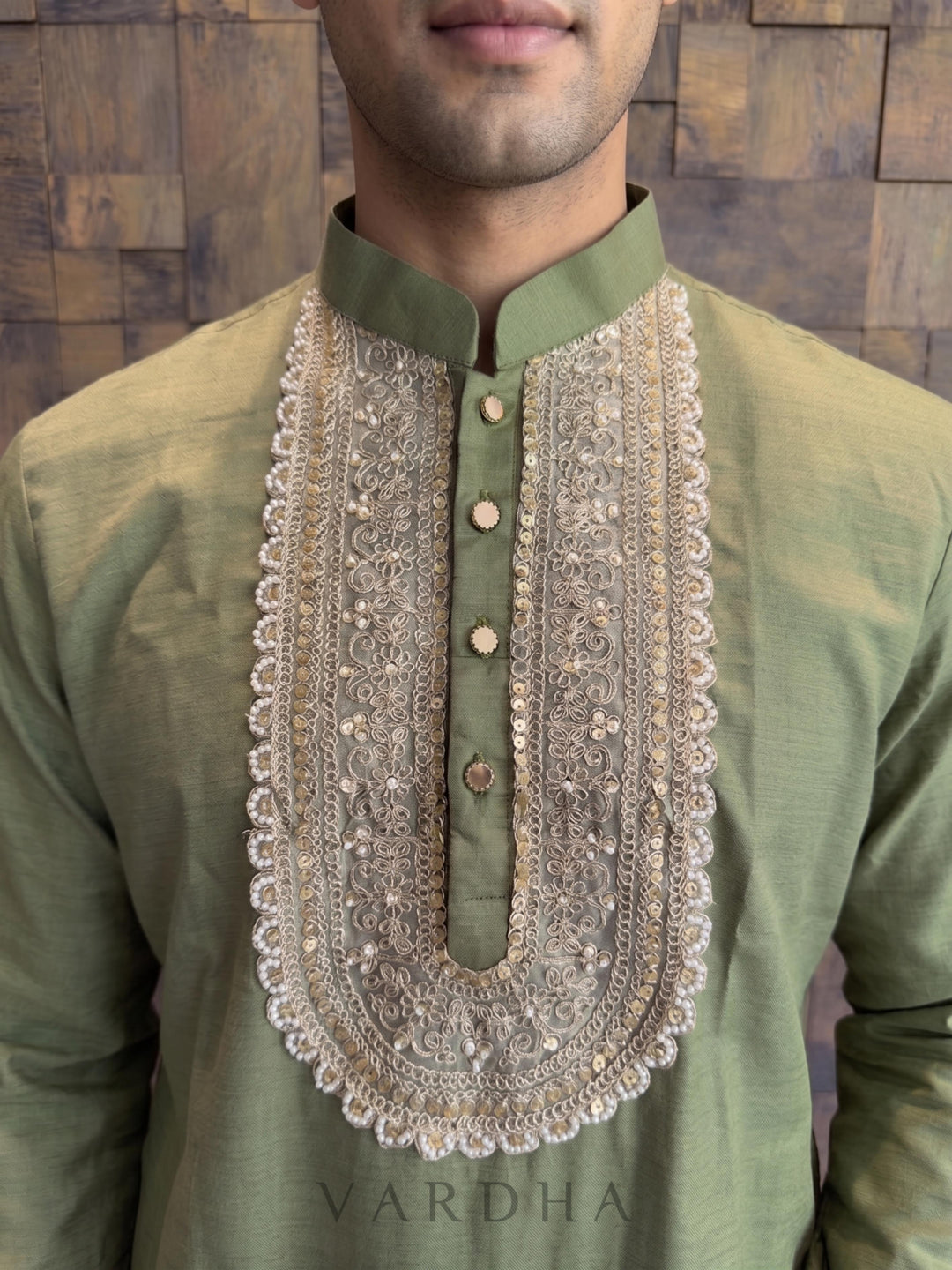 Olive Green Cotton Kurta with Intricate Zari &amp; Sequin Yoke Embroidery