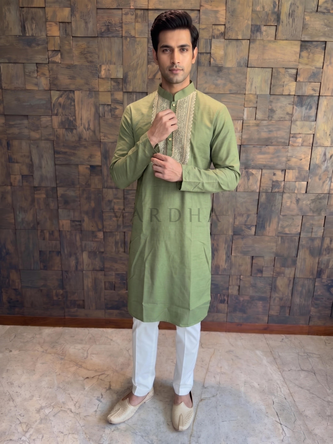 Olive Green Cotton Kurta with Intricate Zari &amp; Sequin Yoke Embroidery