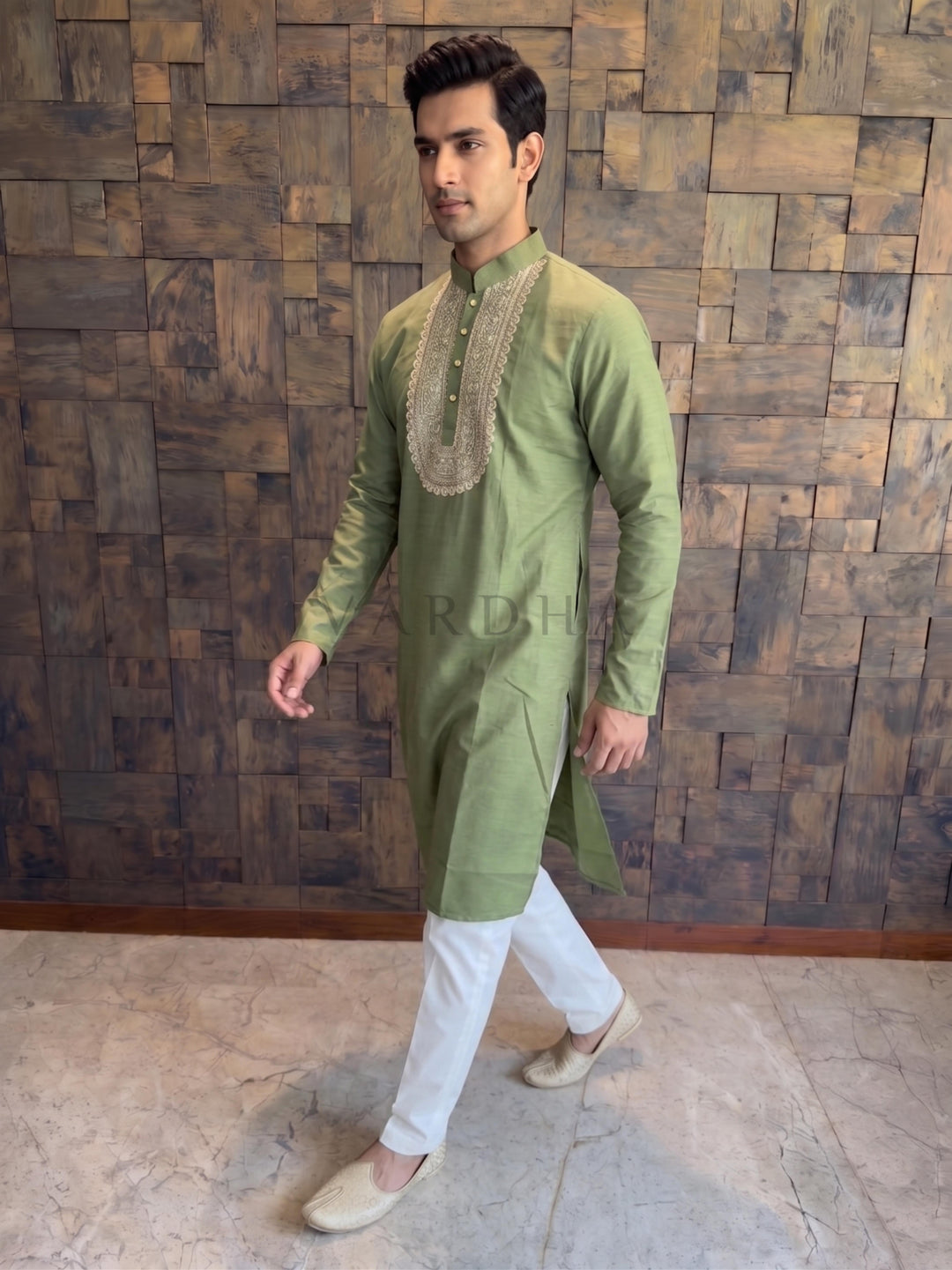 Olive Green Cotton Kurta with Intricate Zari &amp; Sequin Yoke Embroidery