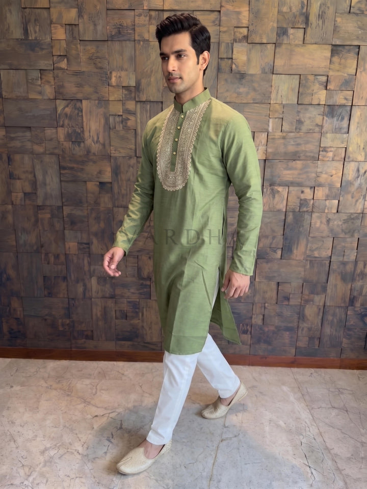 Olive Green Cotton Kurta with Intricate Zari &amp; Sequin Yoke Embroidery