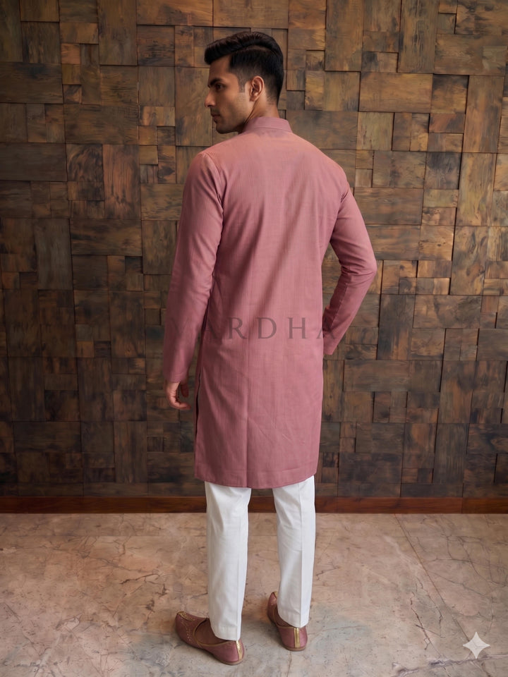 Mauve Pink Cotton Kurta with Heavy Scalloped Gold Zari Yoke