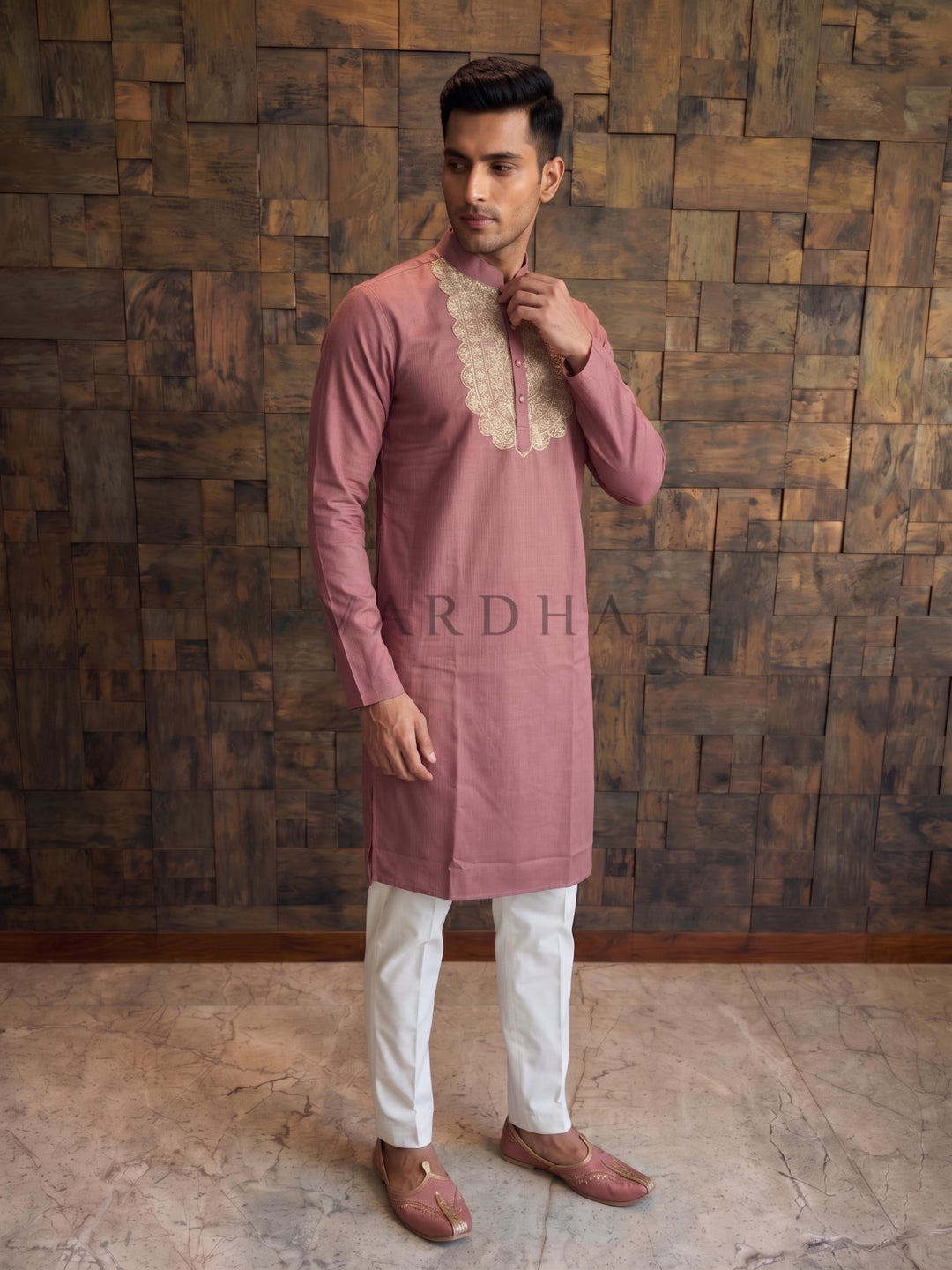 Mauve Pink Cotton Kurta with Heavy Scalloped Gold Zari Yoke