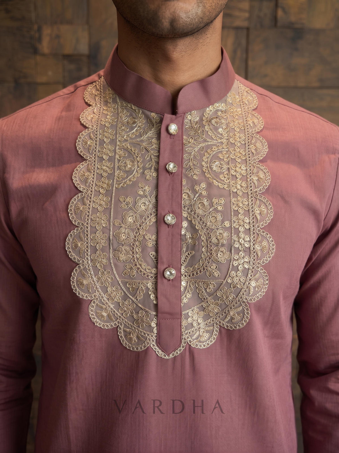 Mauve Pink Cotton Kurta with Heavy Scalloped Gold Zari Yoke