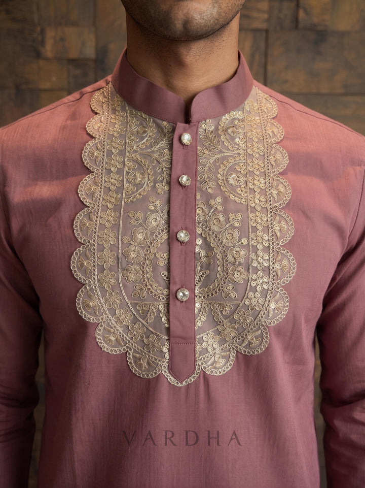 Mauve Pink Cotton Kurta with Heavy Scalloped Gold Zari Yoke