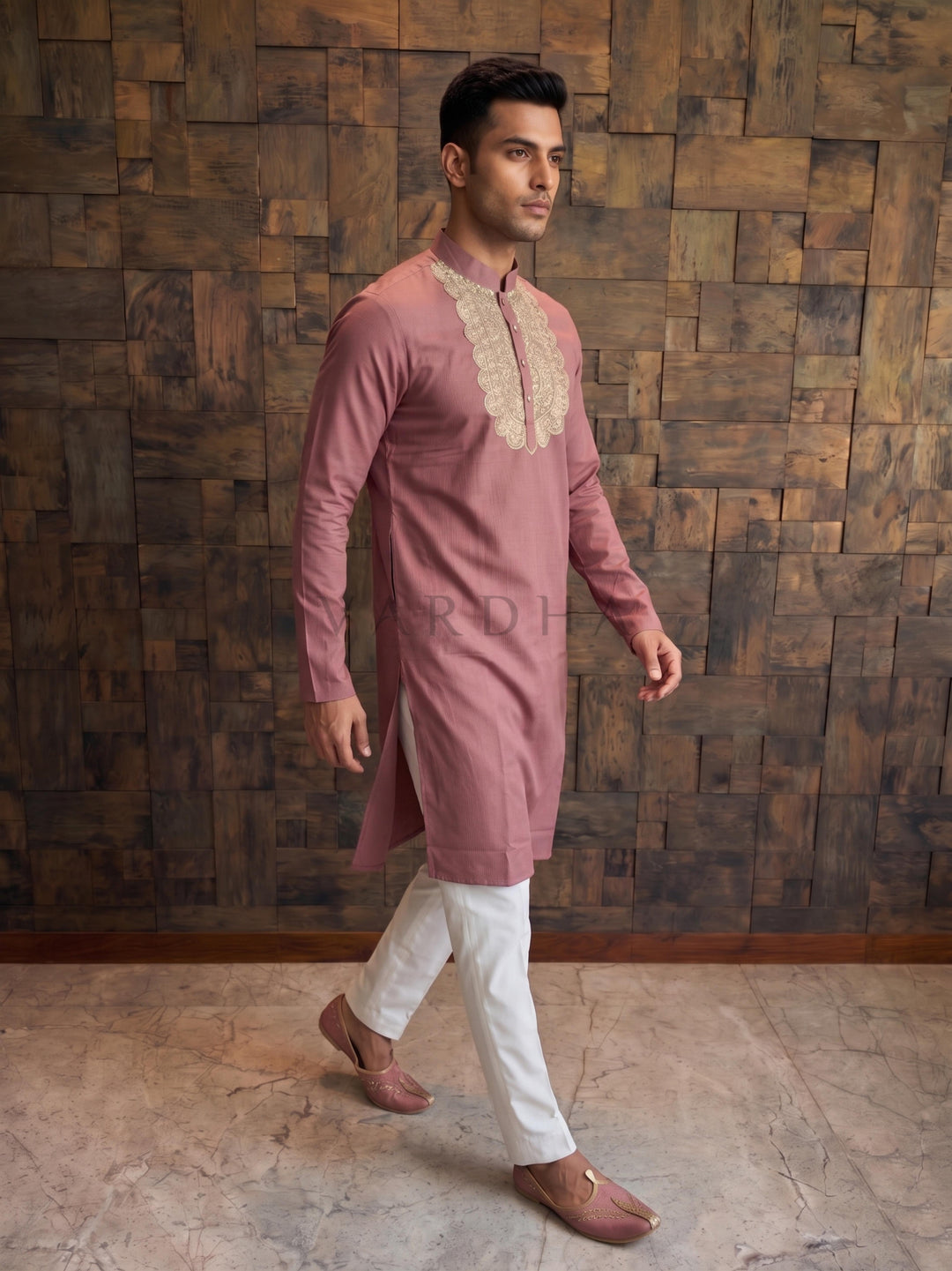 Mauve Pink Cotton Kurta with Heavy Scalloped Gold Zari Yoke