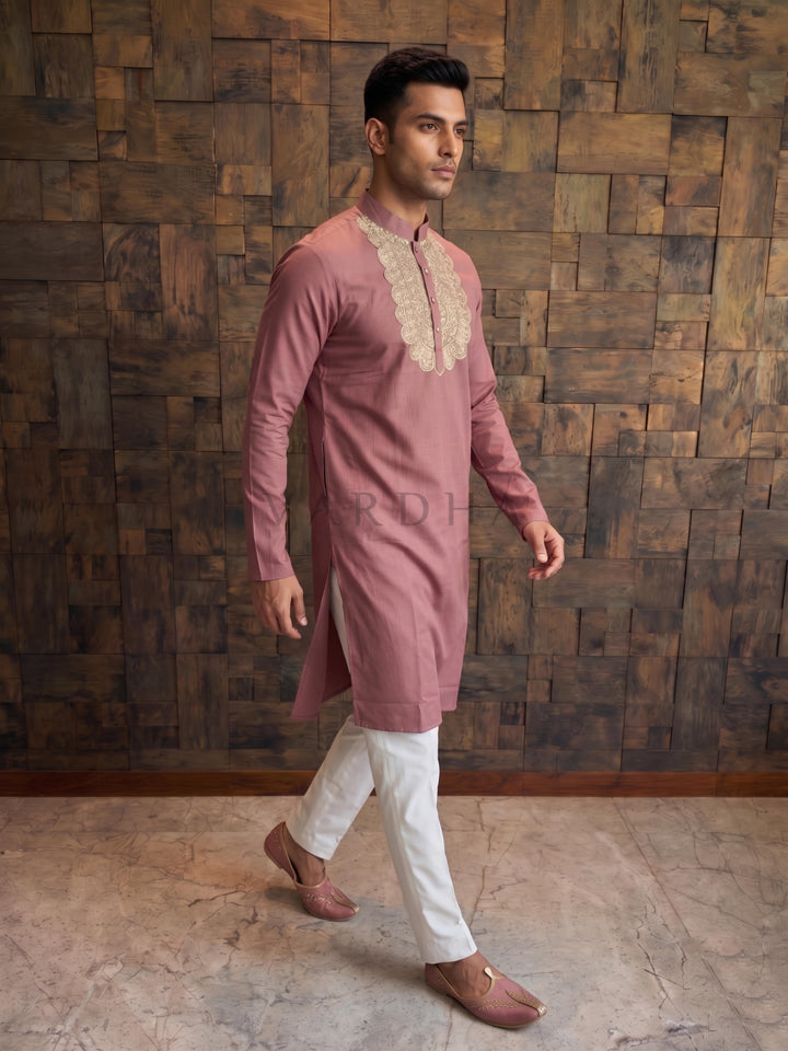 Mauve Pink Cotton Kurta with Heavy Scalloped Gold Zari Yoke