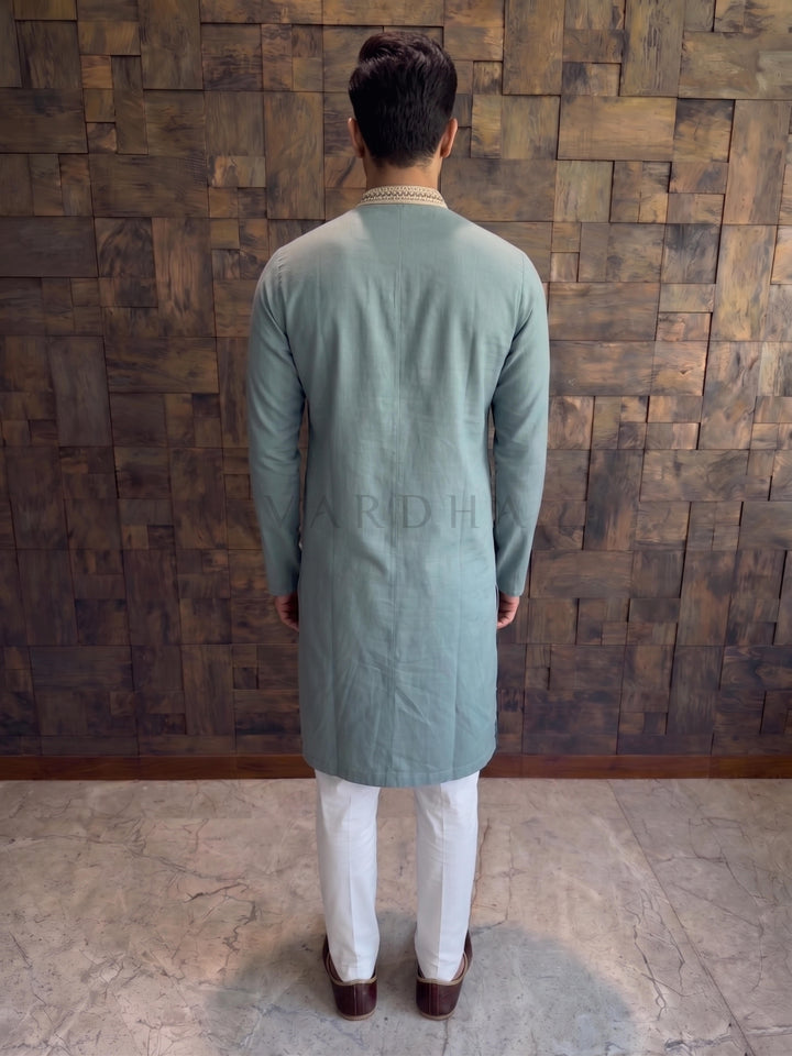 Teal Blue Cotton Kurta with Gold Embroidered V-Neck Placket