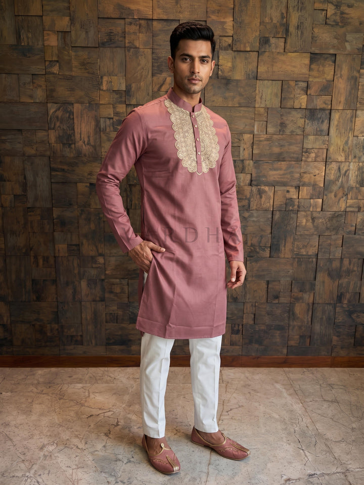 Mauve Pink Cotton Kurta with Heavy Scalloped Gold Zari Yoke