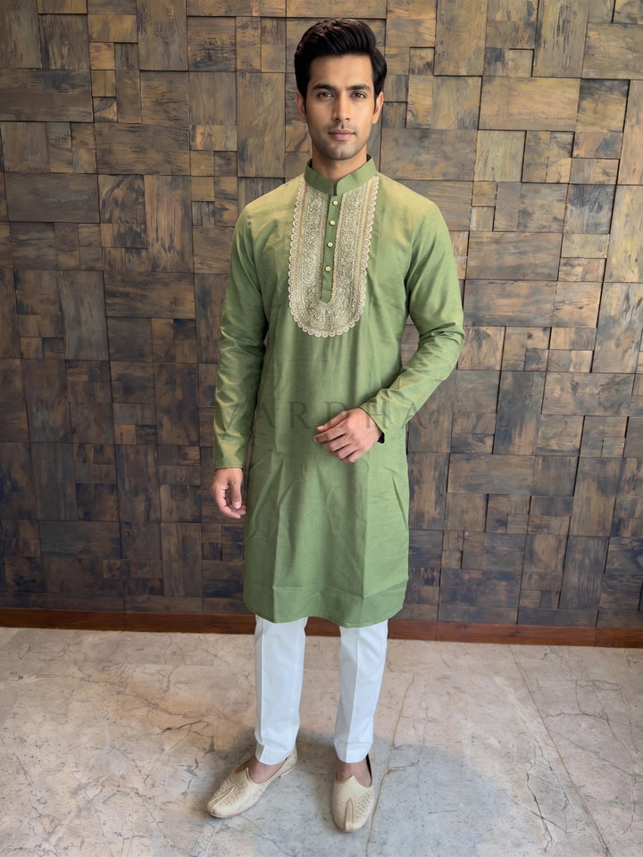 Olive Green Cotton Kurta with Intricate Zari &amp; Sequin Yoke Embroidery