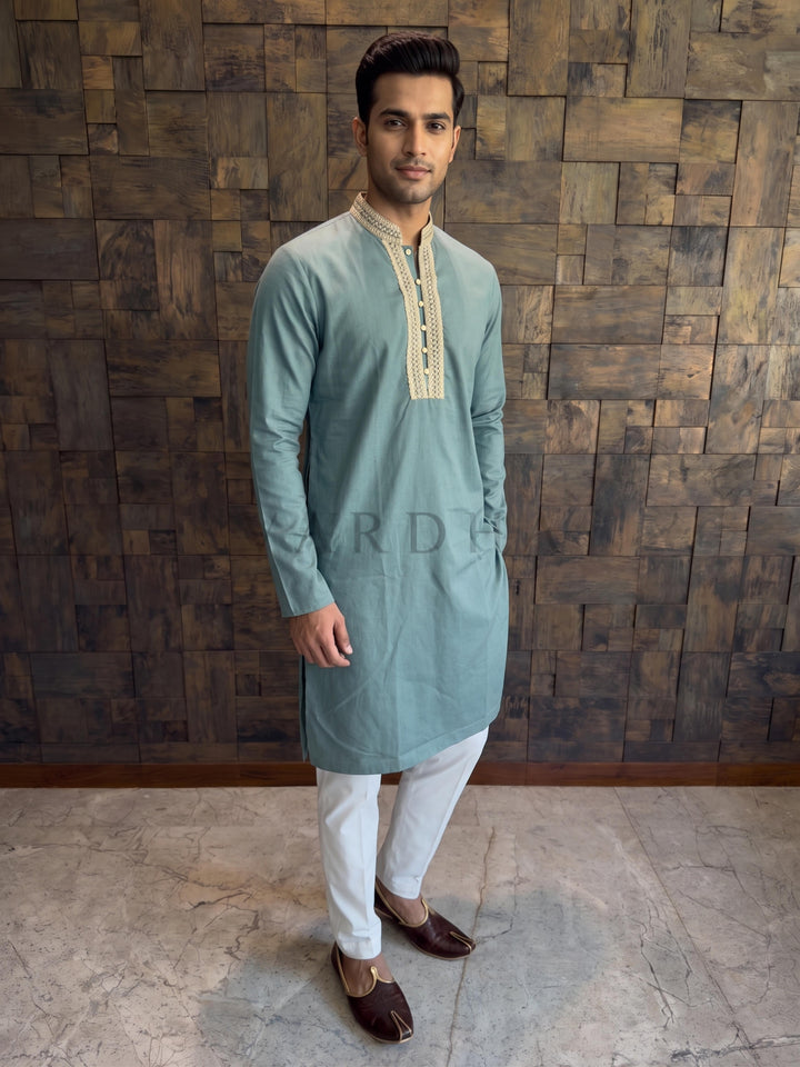 Teal Blue Cotton Kurta with Gold Embroidered V-Neck Placket