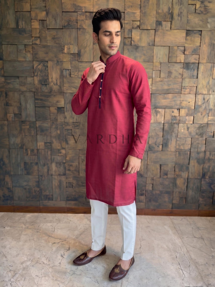 Crimson Red Cotton Kurta with Black Contrast Collar &amp; Placket