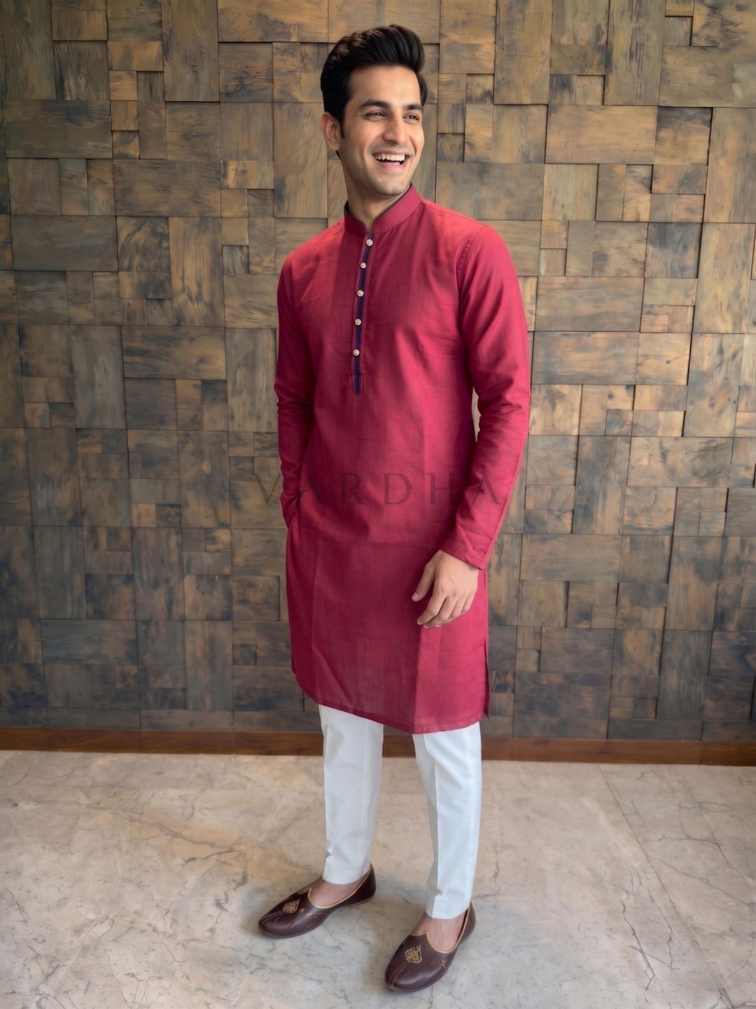 Crimson Red Cotton Kurta with Black Contrast Collar &amp; Placket
