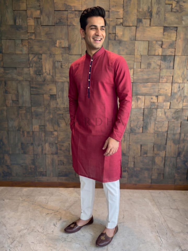 Crimson Red Cotton Kurta with Black Contrast Collar &amp; Placket