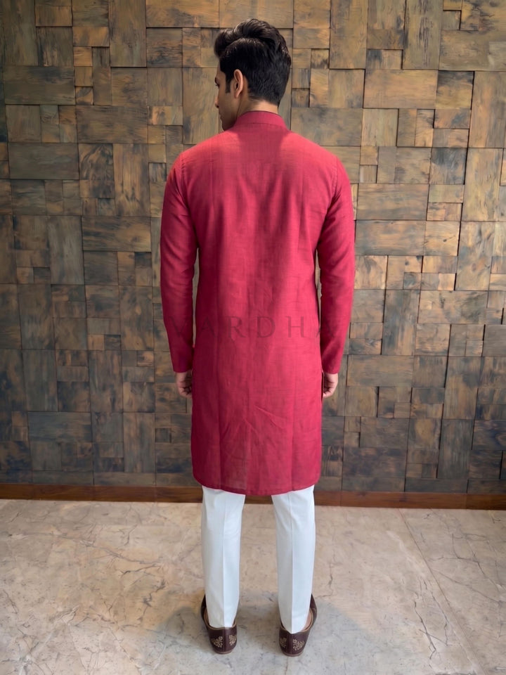 Crimson Red Cotton Kurta with Black Contrast Collar &amp; Placket